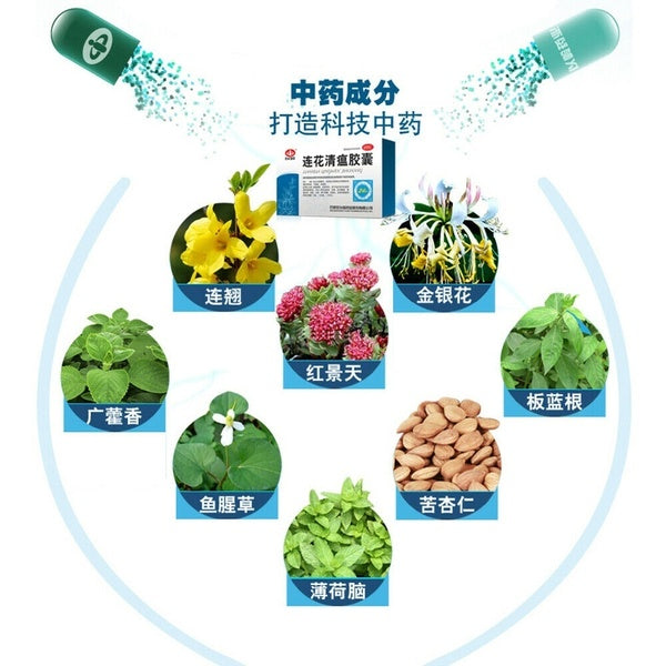 Herbal Medicine. Lianhua Qingwen Jiaonang / Lian Hua Qing Wen Jiao Nang / Lianhua Qingwen Capsule / Lian Hua Qing Wen Capsule / Lianhuaqingwen Capsule for cold flu-induced bronchitis pneumonia.